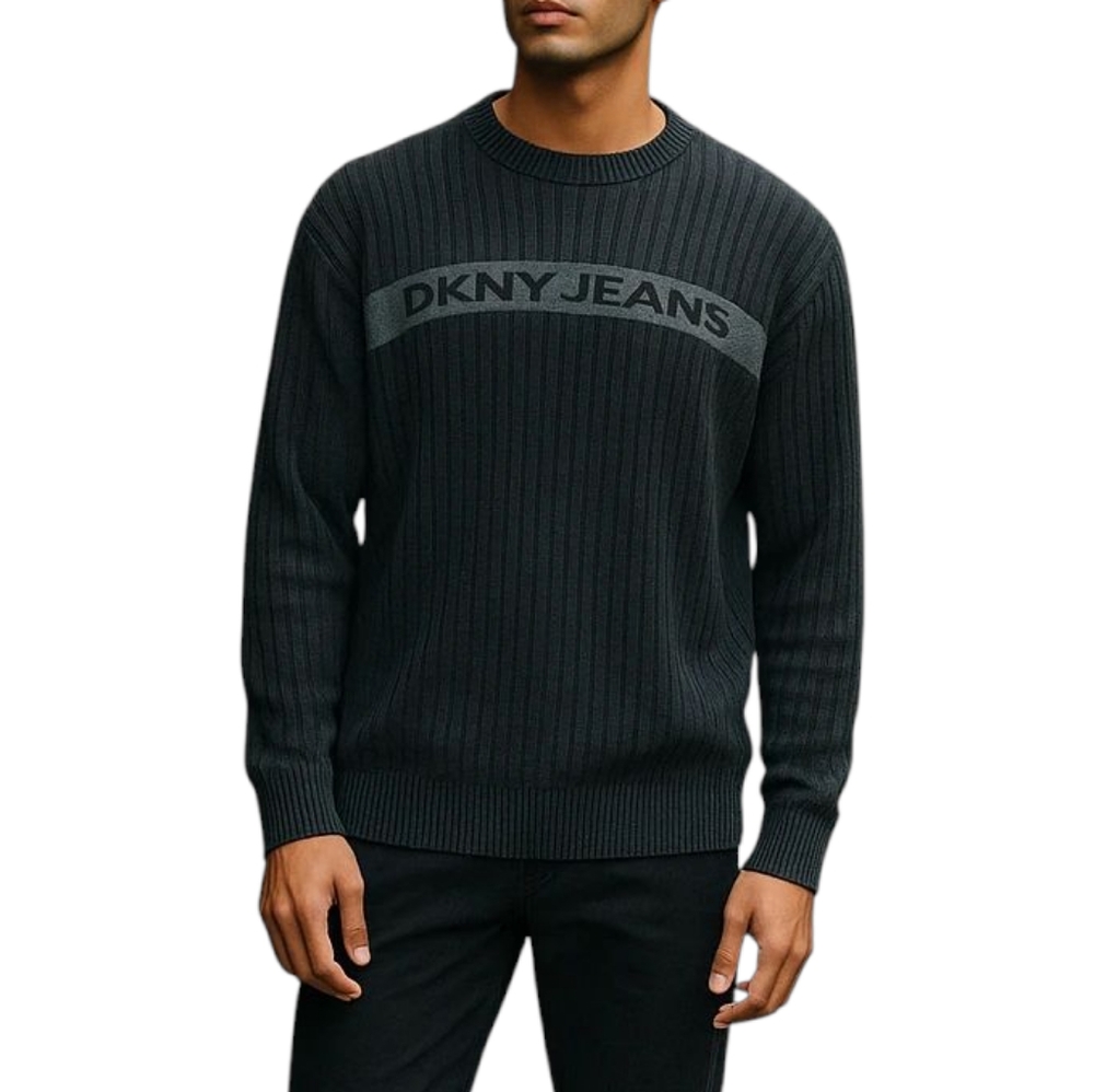 DKNY Jeans Black Ribbed Knit Crewneck Sweater with Gray Logo Stripe